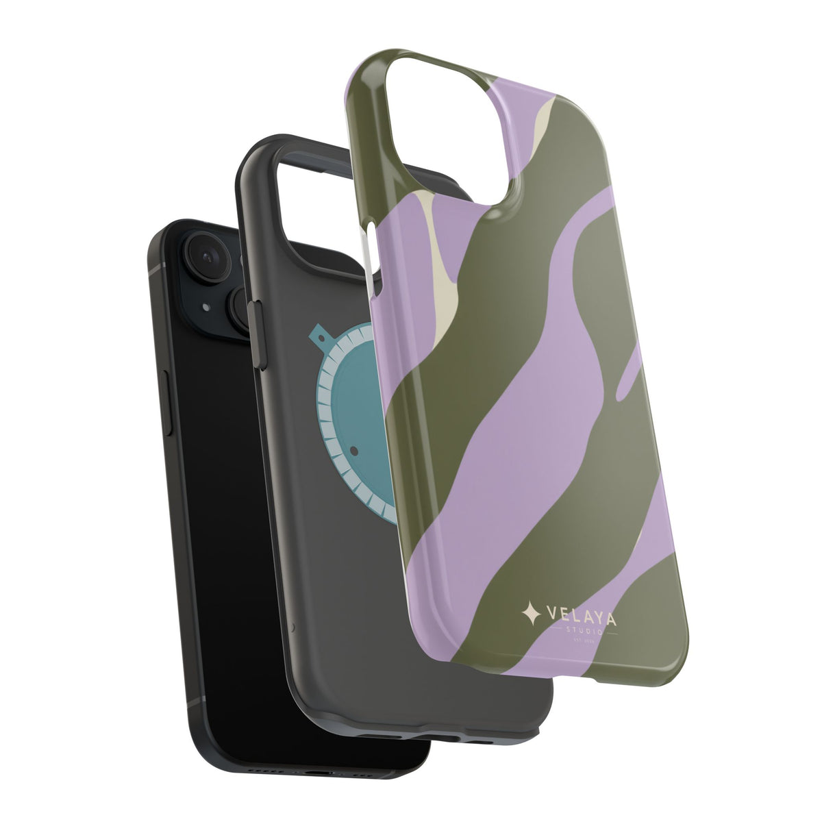 The Olive Lavender Camo Case — layers view
